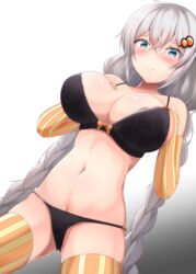  3: bare_shoulders black_bra black_panties blue_eyes blush bow bow_bra bra braid breasts chibi_yawawa cleavage closed_mouth commentary_request crossed_bangs elbow_gloves eyes_visible_through_hair female fingerless_gloves furrowed_brow gloves gradient_background grey_hair hair_between_eyes hair_ornament highres kizuna_akari large_breasts long_hair navel orange_bow panties side-tie_panties solo striped_clothes striped_gloves striped_thighhighs thighhighs twin_braids underwear vertical-striped_clothes vertical-striped_gloves vertical-striped_thighhighs very_long_hair vocaloid voiceroid 