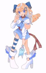  angel_wings asymmetrical_legwear bad_id bad_pixiv_id belt belt_buckle belt_collar black_ribbon blonde_hair blue_bow blue_eyes blue_neckwear blue_sailor_collar blue_skirt boots bow brown_belt brown_collar buckle cat_button claw_pose collar commentary female full_body hair_ornament hair_ribbon hairbow hairclip hashimiya high_heel_boots high_heels holding holding_weapon legs_apart long_hair long_sleeves looking_at_viewer magical_girl medium_hair miniskirt no_nose open_mouth original oversized_object pigeon-toed ribbon safety_pin sailor_collar scepter shirt simple_background single_thighhigh skirt solo standing striped_clothes striped_thighhighs tachi-e thighhighs uneven_legwear weapon white_background white_footwear white_shirt winged_footwear wings 