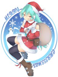  belt black_footwear christmas commentary detached_sleeves english_commentary female gloves hair_between_eyes hat highres holding holding_sack mega_man_(series) mega_man_zx merry_christmas pandora_(mega_man) red_eyes sack santa_costume santa_hat shoutaro_saito smile snowflakes solo thighhighs tongue tongue_out white_gloves zettai_ryouiki 