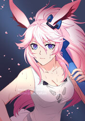  absurdres alternate_hairstyle animal_ears cherry_blossoms closed_mouth female fox_ears hair_between_eyes hair_ornament highres honkai_(series) honkai_impact_3rd katana long_hair looking_at_viewer petals pink_hair ponytail purple_eyes shirt simple_background sleeveless sleeveless_shirt solo sweat sweatdrop sword weapon white_shirt yae_sakura yae_sakura_(goushinnso_memento) zakurarain_(rainbowfiedmaya) 