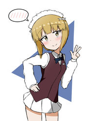  ame_(amechan17391739) bad_id bad_pixiv_id blonde_hair cutlass_(girls_und_panzer) female girls_und_panzer hand_on_own_hip highres maid_headdress short_hair simple_background smile solo spoken_blush vest w yellow_eyes 