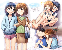  +_+ 2girls :d bag bait bare_arms bare_legs bare_shoulders barefoot bed_sheet black_hair black_sailor_collar black_skirt blue_dress blue_eyes blue_jacket blue_shirt blush brown_eyes brown_hair brown_jacket brown_shorts cellphone closed_eyes closed_mouth collared_shirt commentary couple dolphin_shorts drawstring dress feet glasses green_shirt hair_between_eyes hair_flaps hands_in_pockets heart hodaka_natsumi holding holding_phone houkago_teibou_nisshi jacket kuroiwa_yuuki locked_arms mad_(hazukiken) multiple_girls notice_lines oerba_yun_fang oono_makoto opaque_glasses open_mouth phone pillow pink_shorts pleated_skirt sailor_collar school_uniform serafuku shirt short_shorts short_sleeves shorts sitting skirt sleeping sleeveless sleeveless_dress smile soles track_jacket tsurugi_hina under_covers white_shirt yellow_eyes yuri 