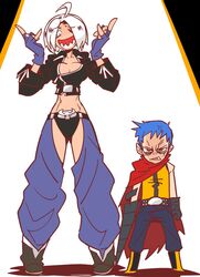  1boy angel_(kof) anger_vein blue_hair breasts cape chaps crop_top cropped_jacket female fingerless_gloves g=hikorou gloves highres k9999 midriff red_cape red_eyes sharp_teeth short_hair teeth the_king_of_fighters white_hair 