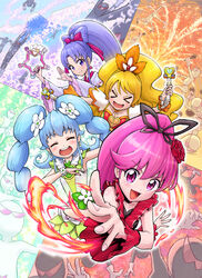  &gt;_&lt; 4girls :d aino_megumi blonde_hair blue_hair bow bow-shaped_hair brooch cherry_blossoms choiark choker closed_eyes closed_mouth commentary_request cure_fortune cure_fortune_(anmitsu_komachi) cure_honey cure_honey_(coconut_samba) cure_lovely cure_lovely_(cherry_flamenco) cure_princess cure_princess_(macadamia_hula_dance) dancing detached_sleeves fire flipped_hair flower fortune_tambourine green_bow hair_flower hair_ornament hairbow happinesscharge_precure! happy heart heart_brooch heart_wand high_ponytail highres hikawa_iona holding holding_wand itou_shin&#039;ichi japanese_clothes jewelry kimono long_hair looking_at_viewer magical_girl mountain multiple_girls oomori_yuuko open_mouth pink_bow pink_eyes pink_hair ponytail precure purple_eyes purple_hair red_flower red_rose red_sleeves red_wrist_cuffs rose shirayuki_hime smile twintails waist_bow wand white_kimono wrist_cuffs xd 