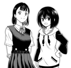  2girls aibetsu_riku arms_behind_back ayakashi_triangle collarbone commentary_request crossover greyscale hand_on_own_hip hood hoodie kanade_suzu long_sleeves looking_at_viewer monochrome multiple_girls onomekaman open_mouth phantom_seer school_uniform short_hair short_shorts short_sleeves shorts skirt smile 