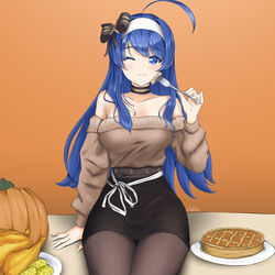  ahoge alternate_costume apron azur_lane bangs bare_shoulders belfast_(azur_lane) belfast_(azur_lane)_(cosplay) belfast_(shopping_with_the_head_maid)_(azur_lane) blue_eyes blue_hair blush breasts chaesu chicken_(food) cleavage commentary cosplay detached_sleeves eating english_commentary eyebrows_visible_through_hair female food fork hairband highres huge_ahoge long_hair looking_at_viewer maid_headdress medium_breasts orie_(under_night_in-birth) pancake pantyhose pumpkin skirt solo under_night_in-birth very_long_hair waffle white_hairband 