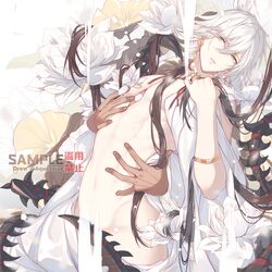  2boys aque_shen_lei asura_(onmyoji) bad_id bad_pixiv_id bare_pectorals bishounen dark-skinned_male dark_skin flower green_eyes japanese_clothes jewelry long_hair looking_at_viewer lotus male_focus multiple_boys onmyoji open_clothes pectorals petals short_hair taishakuten_(onmyoji) white_hair white_lotus yaoi 