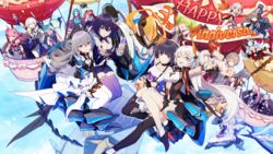  6+girls :d ;d ^_^ absurdres ahoge ai-chan_(honkai_impact) aircraft airship alcohol animal_ears arms_up bare_shoulders belt benares_(honkai_impact) black_gloves black_hair black_legwear black_shirt blood_embrace blue_eyes blue_hair blue_sky blush braid breasts bronya_zaychik bronya_zaychik_(herrscher_of_reason) carrier center_opening chibi china_dress chinese_clothes choker cleavage closed_eyes cloud collarbone cropped_jacket crossed_bangs cup day dragon dress drill_hair drinking earrings eins_(honkai_impact) elbow_gloves everyone floating flying fox_ears frederica_nikola_tesla fu_hua fu_hua_(night_squire) fu_hua_(rustic_noir) gloves grey_hair hair_between_eyes hair_bun hair_ornament hair_ribbon hand_up heterochromia high_collar highres holding holding_cup honkai_(series) honkai_impact_3rd horns hot_air_balloon jacket jewelry jingwei&#039;s_wings kallen_kaslana kallen_kaslana_(ritual_imayoh) kiana_kaslana kiana_kaslana_(void_drifter) large_breasts layered_dress lieserl_albert_einstein light_brown_hair liliya_olenyeva long_hair looking_at_viewer low_ponytail medium_breasts multicolored_hair multiple_girls murata_himeko murata_himeko_(vermillion_knight) oerba_yun_fang official_alternate_costume official_art one_eye_closed open_clothes open_jacket open_mouth outdoors parted_bangs pink_hair project_bunny purple_hair quad_drills raiden_mei raiden_mei_(striker_fulminata) red_dress red_hair ribbon rita_rossweisse rita_rossweisse_(artemis) rozaliya_olenyeva seele_vollerei seele_vollerei_(swallowtail_phantasm) selune&#039;s_elegy shirt short_hair side_ponytail sidelocks single_braid single_elbow_glove single_hair_bun single_thighhigh sirin skirt sky small_breasts smile tail theresa_apocalypse theresa_apocalypse_(twilight_paladin) thick_eyebrows thighhighs third-party_source very_long_hair white_dress white_gloves white_hair white_legwear yae_sakura yae_sakura_(goushinnso_memento) yellow_eyes 