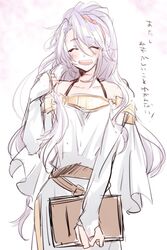  :d blush book capelet closed_eyes dress female fire_emblem fire_emblem:_genealogy_of_the_holy_war hair_ornament hand_up holding holding_book long_hair open_mouth purple_hair setonu_(snow181575) simple_background smile solo tailtiu_(fire_emblem) white_dress 