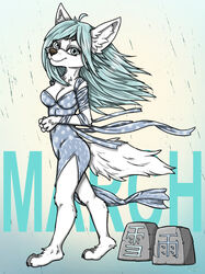  3_toes 4_fingers anthro arctic_fox bad_guy_cafe blue_clothing blue_dress blue_eyes blue_hair canid canine clothing crown dress feet female fingers fox fur hair headgear hi_res ice_ravdottir_(firefox) mammal march_(month) raining snow solo tiara toes true_fox white_body white_fur wind ziegelzeig 