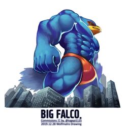  1:1 2019 anthro avian bird bulge city clothing english_text falco_lombardi hi_res looming low-angle_view macro male muscular muscular_anthro muscular_male nintendo solo speedo star_fox swimwear text wolfmalro 