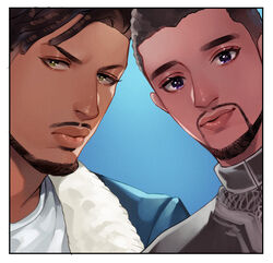  2boys animification beard black_eyes black_hair black_panther_(film) blue_jacket close-up dark-skinned_male dark_skin dreadlocks facial_hair frown fur-trimmed_jacket fur_trim jacket killmonger male_focus marvel marvel_cinematic_universe matsu_(bandan) moustache multicolored_eyes multiple_boys purple_eyes smile t&#039;challa yellow_eyes 