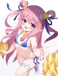  2drr :d aged_down bare_arms bare_shoulders bikini blue_bikini blue_ribbon blurry blurry_foreground breasts bridal_garter choker collarbone commentary_request depth_of_field elf female hair_between_eyes hair_ornament hair_ribbon hair_rings hatsune_(princess_connect!) hatsune_(summer)_(princess_connect!) holding holding_pom_poms long_hair looking_at_viewer navel open_mouth pink_hair pointy_ears pom_pom_(cheerleading) princess_connect! purple_eyes ribbon shoes side-tie_bikini_bottom sidelocks simple_background small_breasts smile solo standing standing_on_one_leg star_(symbol) star_choker star_hair_ornament swimsuit two_side_up white_background white_choker white_footwear 