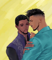  2boys animification beard black_eyes black_hair black_panther_(film) blue_shirt dark-skinned_male dark_skin dreadlocks facial_hair jewelry killmonger male_focus marvel marvel_cinematic_universe matsu_(bandan) multiple_boys ring shirt t&#039;challa 