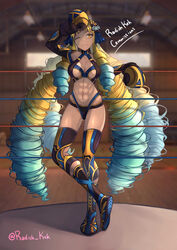  abs absurdres artist_name astraea_(fate) astraea_(festival_outfit)_(fate) blonde_hair blue_hair boxing_gloves boxing_ring breasts breasts_apart commission drill_hair elbow_gloves fate/grand_order fate_(series) female gloves gradient_hair highres long_hair looking_at_viewer multicolored_hair one_eye_closed quad_drills radishkek revealing_clothes smile solo thighhighs thighs twitter_username two-tone_hair very_long_hair yellow_eyes 