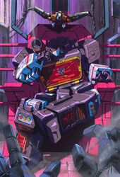  1boy buzzsaw_(transformers) commission decepticon highres looking_at_viewer marble-v mecha mercenary_(transformers) no_humans open_hand open_hands pov red_eyes robot science_fiction shoulder_cannon sitting smoke solo_focus soundblaster transformers transformers:_war_for_cybertron_trilogy 