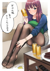  beer_can blue_eyes blue_sweater blurry blurry_foreground blush brand_name_imitation brown_hair can closed_mouth controller depth_of_field doushimasho drink_can feet female fingernails hand_up highres holding holding_can indoors legs legs_together long_hair long_sleeves looking_at_viewer mole mole_above_mouth nail_polish no_shoes one_eye_closed original pantyhose plate red_nails remote_control sitting smile solo sweater table toes watch wristwatch yebisu 