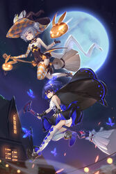  2girls :d absurdres alternate_costume asymmetrical_gloves bad_id bad_pixiv_id bare_shoulders black_cape black_dress black_footwear black_gloves blue_butterfly blue_eyes blue_hair bronya_zaychik bronya_zaychik_(snowy_sniper) broom broom_riding bug butterfly cape dress drill_hair earrings fingerless_gloves full_body full_moon gloves grey_eyes grey_hair halloween halloween_costume hat highres homu_(honkai_impact) honkai_(series) honkai_impact_3rd jewelry looking_at_viewer mismatched_gloves moon multiple_girls night night_sky open_mouth orange_gloves panties pantyshot pumpkin seele_vollerei short_hair sky sleeveless sleeveless_dress smile thighhighs twin_drills underwear white_panties white_thighhighs witch witch_hat wucanming 