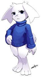  2024 3_toes 4_fingers alpha_channel anthro blue_clothing blue_eyes blue_sweater blue_topwear bottomless bottomless_anthro bottomless_female cave_story clothed clothed_anthro clothed_female clothing digital_media_(artwork) facial_scar feet female female_anthro fingers floppy_ears fur hand_on_hip hand_on_own_hip hi_res lagomorph looking_at_viewer lop_ears mammal mimiga pupils scar shaded short_tail signature simple_background snesflint solo standing sue_sakamoto sweater sweater_only tail toes topwear topwear_only transparent_background white_body white_ears white_fur white_sclera white_tail x_scar 