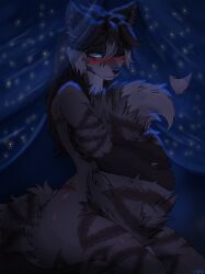  2026 3:4 anthro athletic athletic_female bedding bedroom_eyes biped blue_eyes blush blushing_profusely brown_hair canid canine colored covering covering_self covering_self_with_tail cute_fangs detailed digital_drawing_(artwork) digital_media_(artwork) ear_scar eye_scar facial_scar fangs female fluffyscar fox fur glowing glowing_eyes grey_body grey_fox grey_fur hair hariasa_(fluffyscar) hi_res holding_own_tail holding_tail looking_down mammal multicolored_body multicolored_fur narrowed_eyes nude nude_anthro nude_female portrait pose scar scarred_body seductive shaded shy sitting sitting_on_ground smile solo standing star tail tasteful_nudity teeth three-quarter_portrait urocyon white_hair_tips wide_hips 