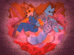  anthro blue_body blue_fur brother_(lore) brothers_(lore) canid canine canis clothed clothing collage_(artwork) duo epic_games fennix_(fortnite) fortnite fox fur heart_symbol hi_res incest_(lore) love male male/male mammal orange_body orange_fur pinumontbalou romantic romantic_couple sibling_(lore) volpez_(fortnite) 