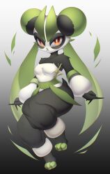  anthro bamboo bear black_body black_fur black_nose breasts claws eyelashes featureless_breasts female fur giant_panda green_ears hi_res jifisy leafan_(pal) looking_at_viewer mammal multicolored_body multicolored_fur orange_eyes pal_(species) palmorph palworld pocketpair short_tail solo tail two_tone_body two_tone_fur white_body white_fur 