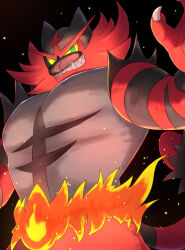  2026 anthro biped black_background black_body black_fur black_tail cheek_tuft claws facial_tuft felid finger_claws fingers fire fur generation_7_pokemon green_eyes grey_body grey_fur grin half-length_portrait hi_res incineroar light lighting looking_at_viewer looking_down looking_down_at_viewer male male_anthro mammal multicolored_body multicolored_fur nintendo pokemon pokemon_(species) portrait pupils red_body red_fur red_nose red_tail rumine shaded sharp_teeth simple_background smile solo standing tail teeth tuft two_tone_tail white_claws yellow_sclera 