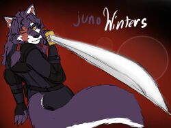  2026 action_pose anthro black_bodysuit black_clothing black_skinsuit blade bodysuit burn_scar canid canine canis chimera claws clothed clothing countershading digital_media_(artwork) eye_scar facial_scar female firestarter_(comic) focused foreshortening fur hair hi_res holding_melee_weapon holding_object holding_sword holding_weapon juno_winters_(akamaruburningred) katana lens_flare lip_scar long_hair mammal melee_weapon multicolored_body multicolored_fur notched_ear one_eye_closed pointing_sword pointing_weapon pose purple_body purple_fur purple_hair purple_tail red_hair_tie scar serious_face simple_background skinsuit solo sword tactical_bodysuit tactical_gear tail templar_ponyboy tight_clothing two_tone_body two_tone_fur weapon white_body white_countershading white_fur wolf yellow_eyes 