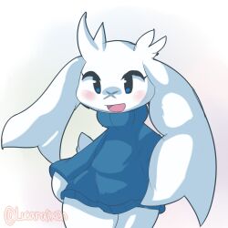  1:1 2019 anthro artist_name blue_clothing blue_sweater blue_topwear bottomless bottomless_anthro bottomless_female cave_story clothed clothing digital_media_(artwork) facial_scar female female_anthro floppy_ears fur hi_res lagomorph long_ears lop_ears mammal mimiga open_mouth open_smile scar short_tail smile solo sue_sakamoto sweater sweater_only tail text topwear topwear_only uromatsu watermark white_body white_fur white_sclera white_tail x_scar 