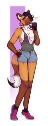  2024 5_fingers absurd_res anthro arms_bent bangs bent_leg big_breasts biped black_clothing black_eyebrows black_nose black_shirt black_tail_tip black_tank_top black_topwear breasts brown_body brown_fur brown_tail button_(fastener) canid canine cleavage clothed clothed_anthro clothed_female clothing collarbone colored digital_drawing_(artwork) digital_media_(artwork) dipstick_tail english_description eyebrows eyelashes eyelashes_through_hair female female_anthro fingers flirting flirting_with_viewer fluffy fluffy_tail footwear full-length_portrait full_cleavage fully_clothed fully_clothed_anthro fully_clothed_female fur green_eyes grey_fingers hair hand_in_pocket hi_res highlights_(coloring) jesse_(drawodraws) lidded_eyes light lighting long_tail looking_at_viewer mammal maned_wolf markings monstergirlreality multicolored_body multicolored_clothing multicolored_fur multicolored_hair multicolored_shirt multicolored_tail multicolored_tank_top multicolored_topwear one_eye_closed orange_body orange_fur orange_tail pink_tongue pockets portrait pose purple_clothing purple_footwear purple_highlights purple_shoes shaded shirt shoes short_hair signature simple_background solo standing star_(shape) strap_pull tail tail_markings tank_top tongue tongue_out topwear translucent translucent_hair two_tone_clothing two_tone_hair two_tone_shirt two_tone_tank_top two_tone_topwear white_background white_body white_fur white_inner_ear white_sclera wink winking_at_viewer 
