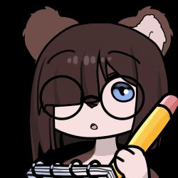  1:1 alpha_channel animated animated anthro blue_eyes brown_body brown_fur brown_hair eyewear female fur glasses hair low_res mammal multicolored_body multicolored_fur mustelid musteline nodding note_pad open_mouth pencil_(object) short_playtime simple_background solo stoat transparent_background true_musteline wearing_glasses weasel white_body white_fur willow_(sandsnake7) yabeweny 