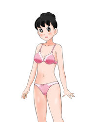  1girls black_eyes black_hair bra breasts doraemon future_shizuka hair_bun large_breasts light-skinned_female light_skin mimori_akira navel open_mouth panties shizuka_minamoto single_hair_bun solo standing underwear white_background 