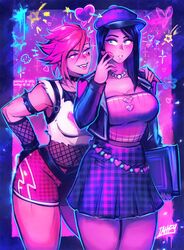  2girls artist_name assertive_female blue_eyes blue_hair blush bright_colors caitlyn_kiramman cute female female_only graffiti heartache_vi heartthrob_caitlyn iahfy large_breasts league_of_legends lesbian lipstick_mark looking_at_partner muscular_female pink_hair shorts skirt vi yuri 