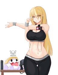  1girls belly_button breasts female female_only geoexe gwain_(gwain_saga) gwain_saga large_breasts martin_the_master solo sports_bra stretching tank_top thick_thighs thigh_gap yoga_pants 