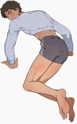  1boy barefoot black_hair blue_eyes blush cropped_shirt curly_hair dark-skinned_male dark_skin dungeon_meshi full_body handprint highres kabru long_sleeves looking_at_viewer looking_back male_focus mchi125 midriff open_mouth short_hair short_shorts shorts simple_background solo white_background 