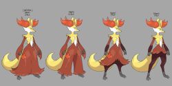  2:1 alternate_hairstyle ambiguous_gender bottomwear canid canine claws clothing delphox dress english_text fashion featureless_crotch feral fox fur generation_6_pokemon grey_background hair haircut hairstyle_change hi_res inner_ear_fluff mammal model_sheet nintendo nude orange_body orange_fur pants personal_grooming pokemon pokemon_(species) pseudo_clothing red_body red_fur shaved_pussy simple_background skirt soggyzogg solo standing styling_hair text tuft white_body white_fur yellow_body yellow_fur 