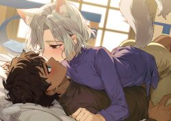  2boys all_fours animal_ears bags_under_eyes black_eyes black_hair blue_eyes blush cat_boy cat_ears cat_tail curly_hair dark-skinned_male dark_skin dungeon_meshi elf face-to-face grey_hair highres indoors kabru kemonomimi_mode long_sleeves lying lying_on_person male_focus mayomayoland mithrun multiple_boys on_back on_bed pants pillow pointy_ears profile shirt short_hair sweatdrop tail turtleneck yaoi 