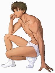  1boy abs black_hair blue_eyes curly_hair dark-skinned_male dark_skin dungeon_meshi full_body highres kabru looking_to_the_side male_focus male_underwear mchi125 muscular muscular_male nipples open_mouth short_hair simple_background socks solo squatting topless_male underwear underwear_only white_background white_socks 