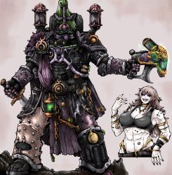 abs absurdres adeptus_astartes armlet armor black_sclera black_tank_top chaos_space_marine colored_sclera cropped_torso female full_armor genderswap_(mtf) gold_armlet gun helmet highres holding holding_gun holding_knife holding_weapon jewelry knife multiple_views muscular muscular_female octosoup pauldrons piercing pink_eyes plume power_armor rule_63 shoulder_armor slaanesh_(cult) tank_top warhammer_40k weapon 