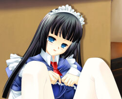  2000s_(style) alice_(ragnarok_online) ascot ayase_mai_(jelly^2_fish) black_hair blue_dress blue_eyes blunt_bangs blush clothes_lift commentary_request dress dress_lift feet_out_of_frame female hime_cut long_hair looking_at_viewer maid maid_headdress open_mouth out-of-frame_censoring pantyhose ragnarok_online red_ascot sidelocks sitting solo white_pantyhose 