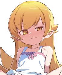  arms_at_sides bare_arms blonde_hair bow collarbone dot_nose dress dress_bow flat_chest flipped_hair hair_flaps highres leaning_back light_blush looking_at_viewer monogatari_(series) orenjipiiru oshino_shinobu out-of-frame_censoring petite pointy_ears reclining red_bow shade simple_background sleeveless smirk spread_legs sundress uneven_eyes white_background white_dress 