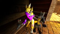  16:9 3d_(artwork) ambiguous_gender anthro bandai_namco beverage canid canine crossover detailed_background digimon digimon_(species) digital_media_(artwork) duo garry&#039;s_mod generation_4_pokemon gun hi_res lordzbacon lucario mammal nintendo pokemon pokemon_(species) ranged_weapon renamon weapon widescreen 