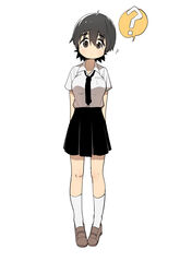  ? absurdres black_skirt blush brown_eyes brown_hair bural_chingu commentary eyebrows female full_body highres korean_commentary loafers looking_at_viewer luke_(dydansgur) necktie original pleated_skirt school_uniform seong_mi-na_(bural_chingu) shirt shoes short_hair simple_background skirt socks solo tareme white_background white_socks 