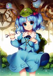  :3 absurdres arm_ribbon backpack bag black_bow black_neckwear black_ribbon blue_eyes blue_hair blue_shirt blue_skirt blunt_bangs blush bow clock closed_mouth clothes_lift collarbone collared_shirt cowboy_shot female flat_cap frilled_shirt_collar frills gears gem green_bag green_hat hair_bobbles hair_ornament hands_up hat highres holding holding_strap holding_wrench juliet_sleeves kawashiro_nitori key layered_clothes leaf long_sleeves looking_at_viewer masaru.jp medium_skirt opal_(gemstone) open_collar parted_bangs pendulum pendulum_clock pocket puffy_sleeves ribbon scan shirt short_hair short_twintails sidelocks skirt skirt_lift skirt_set sleeve_cuffs smile solo sparkle sparks string touhou twintails two_side_up undershirt vest white_shirt wind wind_lift wrench 