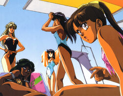  cleavage katsumi_liqueur kiddy_phenil lebia_maverick saiko_yuki silent_mobius swimsuits towel yamigumo_nami 