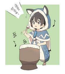  absurdres animal_ears blush blush_stickers brown_eyes brown_hair bural_chingu chibi cloak commentary drum drumsticks female full_body highres hood instrument korean_commentary korean_text luke_(dydansgur) musical_note original seong_mi-na_(bural_chingu) short_hair solo tareme 