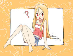  ? barefoot blonde_hair blush bural_chingu commentary female full_body highres korean_commentary lee_ji-min long_hair looking_at_viewer luke_(dydansgur) midriff open_mouth original red_eyes shorts solo tank_top 