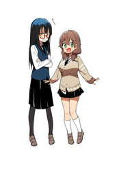  2girls absurdres black_hair black_legwear black_skirt breasts brown_hair bural_chingu cardigan commentary crossed_arms full_body glasses green_hair hair_between_eyes ham_na-bi highres huge_breasts ju_hyeon-mi korean_commentary looking_at_viewer low_twintails luke_(dydansgur) multiple_girls necktie open_mouth pantyhose pleated_skirt red-framed_eyewear school_uniform simple_background skirt smile twintails vest white_background yellow_eyes 