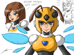  android antennae blue_eyes blush bob_cut borockman breasts brown_hair commentary_request eyeshadow female helmet honey_woman makeup medium_breasts mega_man_(classic) mega_man_(series) mega_man_9 prototype_design smile solo_focus splash_woman 