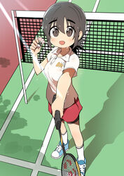  absurdres badminton_racket bike_shorts blush brown_eyes brown_hair bural_chingu commentary eyebrows female full_body highres korean_commentary looking_at_viewer luke_(dydansgur) open_mouth original polo_shirt racket red_skirt seong_mi-na_(bural_chingu) short_hair shuttlecock skirt smile solo sweat tareme 